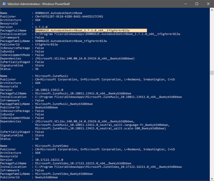 réperer packagefullname Powershell